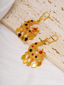 1 Pair Vintage Star Moon Design Earrings With Colorful Zirconia Embedded & Gold Tassel, Suitable Gift For Friends, Girlfriend, Wife, Birthday, Daily Wear And Eid Celebration