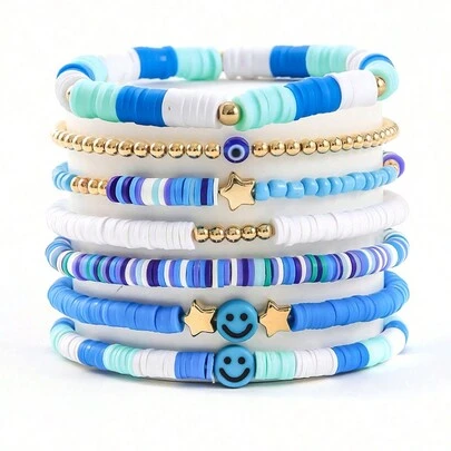 7pcs/Set Boho Style Blue Beaded Bracelet With Cute Heart & Smiling Face Soft Clay Charms, Suitable For Girls Daily Wear, Back To School ( Color Random)