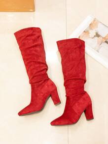 Women's 2024 Winter Fashion High Heel Pointed Toe Thigh High Boots, Slim Long Riding Boots With Thick Heel, Faux Suede Stretch Plus Size Tall Boots