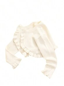 Toddler Baby Girl Sweater Crop Top Knit Cardigan Long Sleeve Ruffled One Button Cute Outwear Kids Fall Shrug Cover Up - 白色 - 查看 2