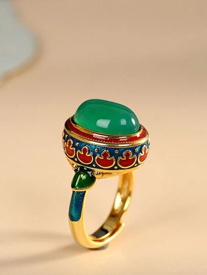 1pc Vintage Enamel Flower Luxury Ruby Ring, Suitable For Women Everyday And Festival Wear
