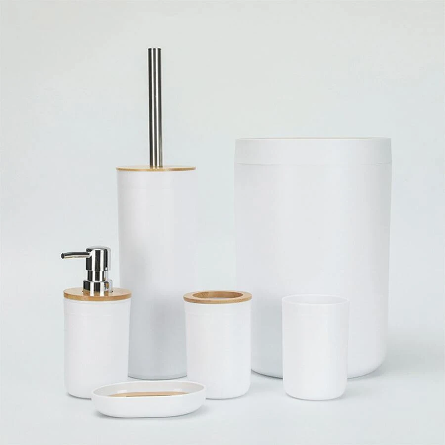 AUXOM 6-Piece Bathroom Set Kit With Bamboo Details - Trash Can, Toothbrush Holder, Liquid Soap Holder, Soap Dish, Toothbrush Holder, And Cotton Holder - trắng - Xem 1