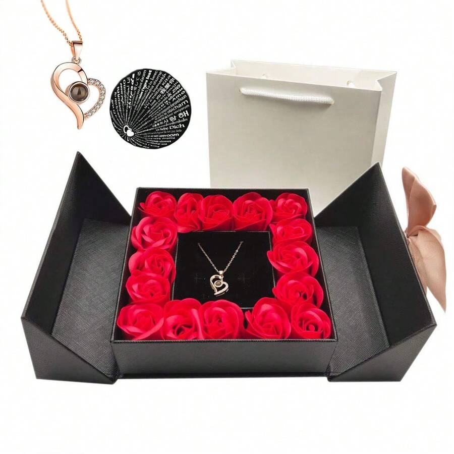 女士生日礼物，永生玫瑰配 100 种语言“我爱你”项链和空白贺卡，生日礼物，圣诞节，周年纪念日情人节礼物，送给她的生日礼物 - 黑色 - 查看 1
