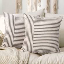 1pc Striped Patchwork Cushion Cover, Sofa Pillow Sham (No Pillow Insert) - Black - View 2