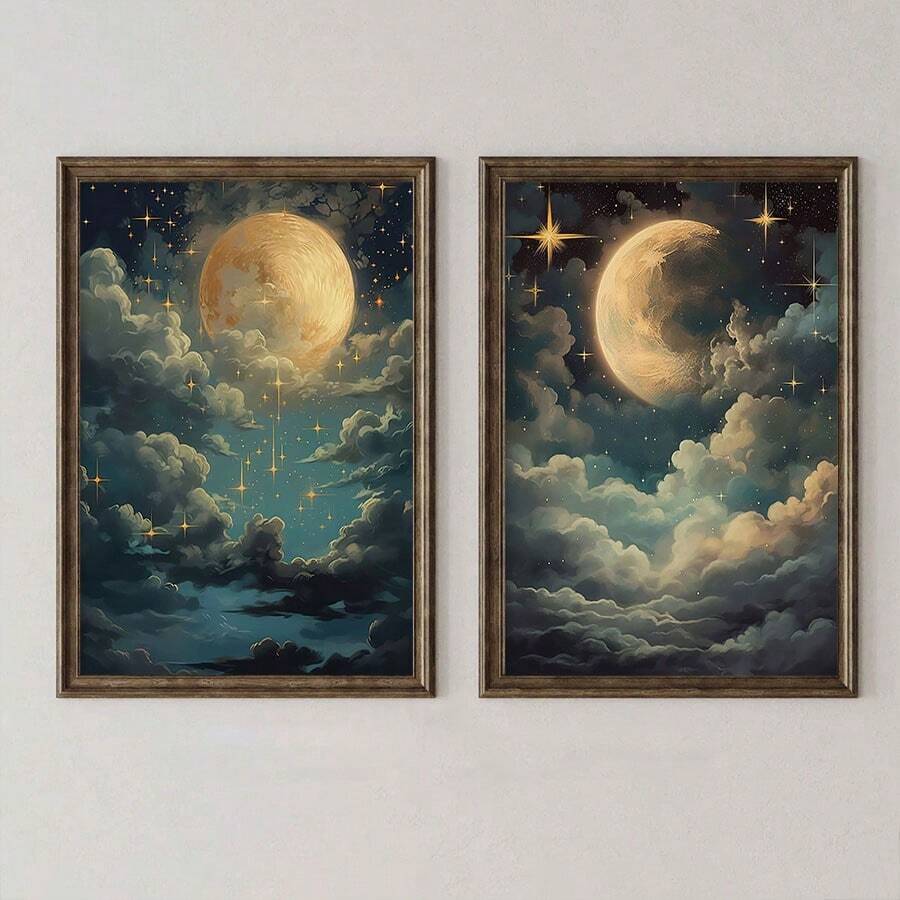 1 件无框，黑暗国家夜空海报，复古迷人天体月亮帆布印刷品，穆迪装饰，黑暗学院帆布墙艺术，艺术品壁画可作为礼物，适用于卧室、浴室、客厅、墙壁装饰、家庭和宿舍装饰 - 多顏色 - 查看 1