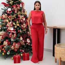 Women's Linen Set, Stylish Trousers And Blouse - 紅色 - 查看 3