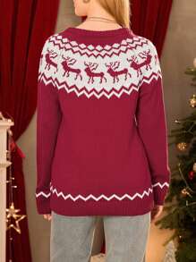 Women's Christmas Reindeer Sweater Vintage Loose Scoop Neck Long Sleeve Pullover Tops For Fall Winter