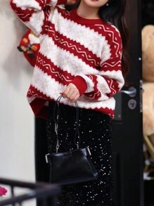 Suéter holgado casual de mujer con estampado navideño de punto - Rojo y blanco - Ver 2