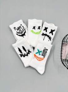 5 đôi tất dài đến bắp chân in chữ Graffiti thời trang Unisex, thoải mái và đa năng, thích hợp để mặc hàng ngày - trắng - Xem 4