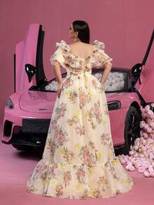 Faeriesty Plus Ruffle Trim Puff Sleeves Floral Organza Formal Prom Dress, Party Dress, Wedding Guest Dress - Apricot - View 3
