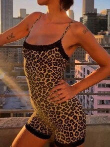 Mono/Camiseta sin mangas estampado de leopardo con estilo Y2K para mujer - Marrón - Ver 2