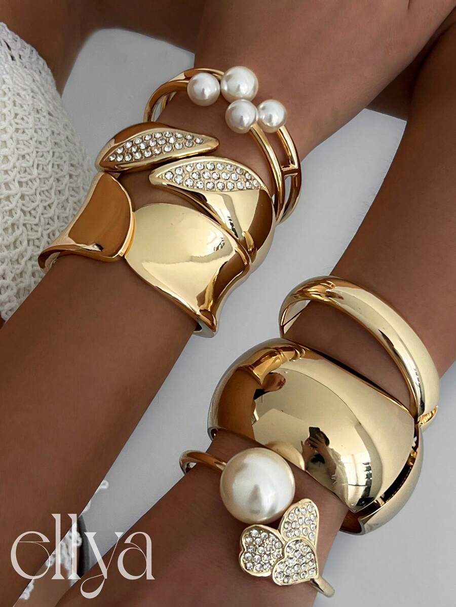 1 件复古创意奢华多元素水钻金属心形装饰袖口手链，女士时尚优雅珍珠装饰厚珠宝弹簧手链，适合日常佩戴、派对、送给朋友和长辈的礼物、服装配饰 - 金黃色 - 查看 1