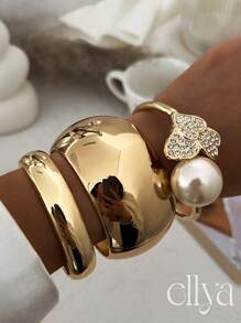 1 件复古创意奢华多元素水钻金属心形装饰袖口手链，女士时尚优雅珍珠装饰厚珠宝弹簧手链，适合日常佩戴、派对、送给朋友和长辈的礼物、服装配饰 - 金黃色 - 查看 2