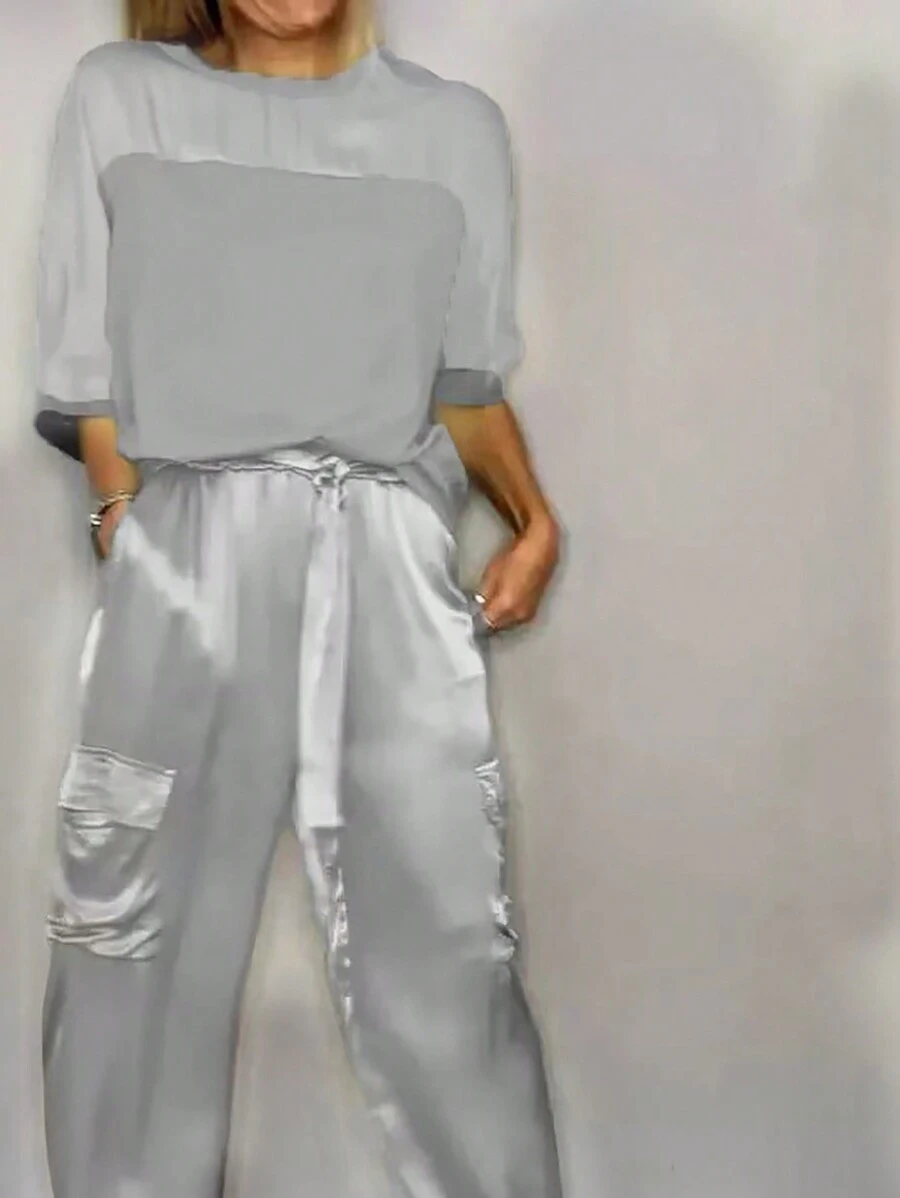 跨境新款女士两件套,丝滑缎面短袖上衣和裤子休闲套装,夏季优雅 - 灰色 - 查看 1