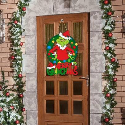 1 Stück GRINCH Weihnachts-Dekorative Hängedekoration, Fröhliche Weihnachten Tür-Dekoration, Holzkranz Dekoration für Zuhause, Innen- & Außenwand, perfekt für Weihnachtsfeier Dekoration