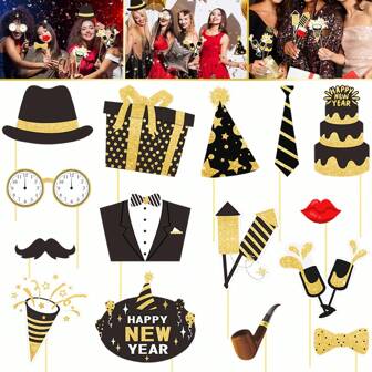 15Pcs New Year Photo Booth Props Gold And Black Photographing Sign Funny Selfie Prop With Stick For New Year Eve Party Supplies