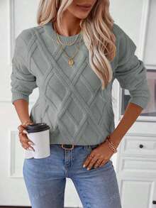 Plus Size Women's Solid Color Casual Knit Sweater, Autumn/Winter - Grey - View 2