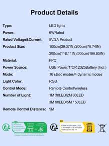 1 conjunto de tiras de luz LED RGB coloridas flexíveis, controle remoto de 24 teclas 5050 5V USB Power Edge Lighting, leve e fácil instalação, adequado para computador, TV, decoração de gabinete