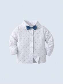 BOARNSEORL 2 件套男婴绅士装，长袖随机印花衬衫，配领结和围兜裤，时尚，适合生日派对、婚礼、洗礼、1 岁生日 - 藍色 - 查看 5