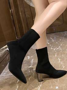 2024 Jesień/Zima Kobiety Szpiczaste Noski Gruby Obcas Elastyczna Dzianina Buty Do Połowy Łydki, Elastyczne Skarpetki Buty, Proste i Wszechstronne, Sztuczna Tkanina