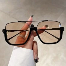 1pc Unisex Retro Oversized Transparent Frame Fashion Glasses With Double Bridge, High-End Chic Look - Champagne - View 4