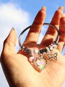 1 chiếc vòng tay charm hoa tulip có thể điều chỉnh, vòng tay mặt trái tim, vòng tay mặt dây chuyền bướm hoa anh đào, vòng tay hoa anh đào dễ thương - Bạc - Xem 7