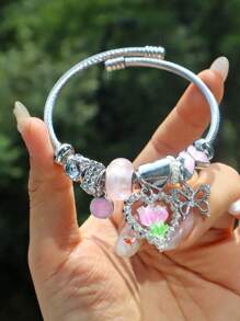 1 chiếc vòng tay charm hoa tulip có thể điều chỉnh, vòng tay mặt trái tim, vòng tay mặt dây chuyền bướm hoa anh đào, vòng tay hoa anh đào dễ thương - Bạc - Xem 5