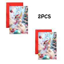 1 Pc/2 Pcs Delicate Design, Cute Cartoon Unicorn With Christmas Hat Greeting Cards, Invitation Cards, Birthday Cards, Perfect Christmas Gift For Unicorn Lovers, With Envelopes, Suitable For Family, Friends, Son, Daughter, Nephew, Niece, Grandson, Granddaughter, High Quality Thick Card Paper, Comfortable Touch