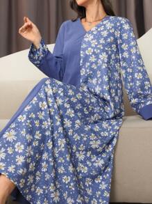 Spring & Winter Clothes New Long Sleeved Women's Skirt Printed Long Skirt Kaftan Ladies Loose Long Dress A Line Floral Print Maxi Dress - Blue - View 1