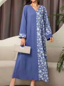 Spring & Winter Clothes New Long Sleeved Women's Skirt Printed Long Skirt Kaftan Ladies Loose Long Dress A Line Floral Print Maxi Dress - Blue - View 6