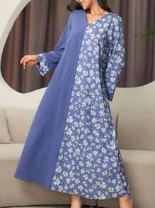 Spring & Winter Clothes New Long Sleeved Women's Skirt Printed Long Skirt Kaftan Ladies Loose Long Dress A Line Floral Print Maxi Dress - Blue - View 2