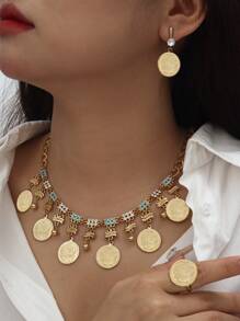 1 set de style bohème Boucles d'oreilles à pampilles avec pièce, bague et collier en alliage de cuivre plaqué or 18 carats avec incrustations de cristal, convient pour les femmes, port quotidien et cadeau de vacances