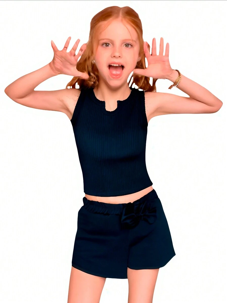 Children's Set For Girls Consisting Of A Ribbed Tank Top And A Short Skirt - Negro - Ver 1