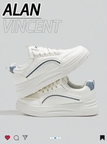 Alan Vincent 2025 Spring New Shoes For Women White Shoes Low Top Lace-Up Sneakers Comfortable Sport Shoes Ladies Flat Shoes Versatile For Shopping White And Blue Color Matching - Blue - View 5