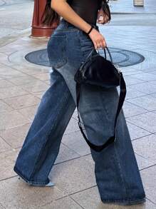 Chicsale Women's Straight Leg Wide Jeans Elegant Mid Rise Pants - Button Zipper Fly Denim Pants, Street Casual Style, Comfortable And Durable, Versatile For Daily Use - Dark Wash - View 2