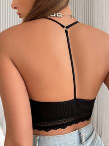 Top de punto cómodo, sexy y romántico con encaje y panel de malla para mujeres