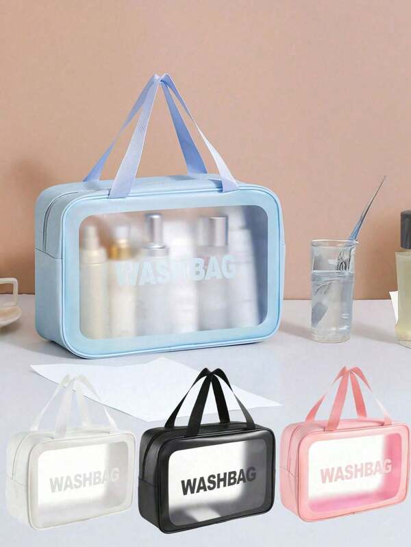 1/3pcs Portable Travel Makeup Bag, Letter Print Cosmetic Pouch, Transparent PVC Toiletry Kit, Bath & Swimming Storage Bag, Large Capacity Travel Makeup Case, Toiletry Bag, Bathroom Beach Bag For Holiday, School Supplies, Women Dorm Necessity Summer Travel, Vacation Home Bathroom Decor Makeup Organizer Bathroom Accessories Back To School