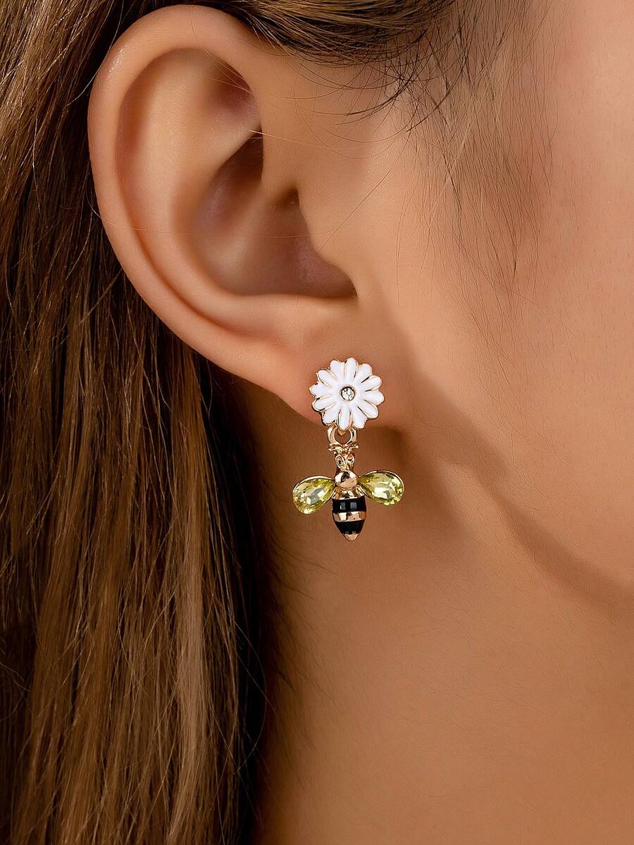1 对时尚可爱女孩风格锌合金钻石形 3D 花朵和蜜蜂设计耳环女士 - 彩色 - 查看 1