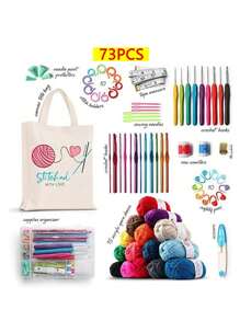 73pcs Crochet Hooks Complete Tool Set DIY Hand Knitting Needles and Threads Includes Acrylic Thread Storage Bag TPR Crochet Hook Set - Multicolor - Ver 1