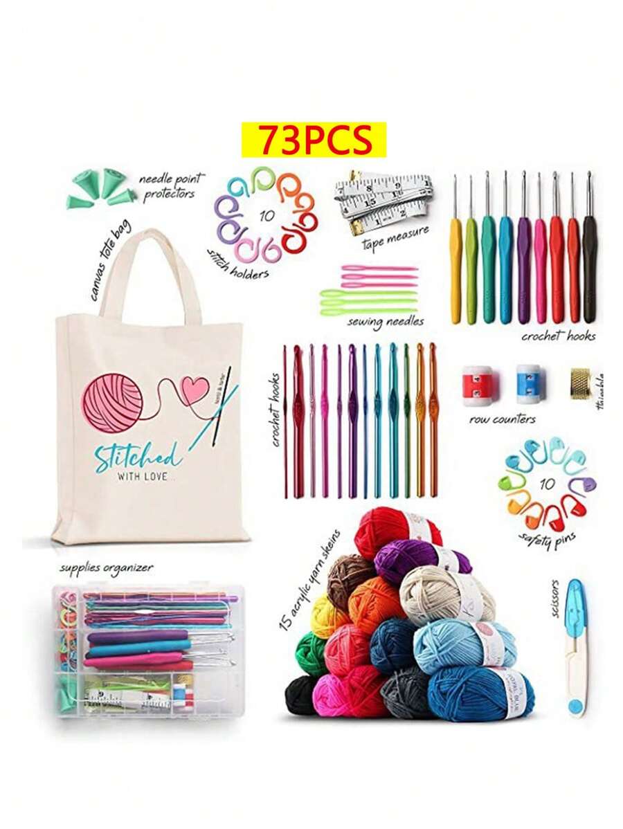73pcs Crochet Hooks Complete Tool Set DIY Hand Knitting Needles and Threads Includes Acrylic Thread Storage Bag TPR Crochet Hook Set - Multicolor - Ver 1
