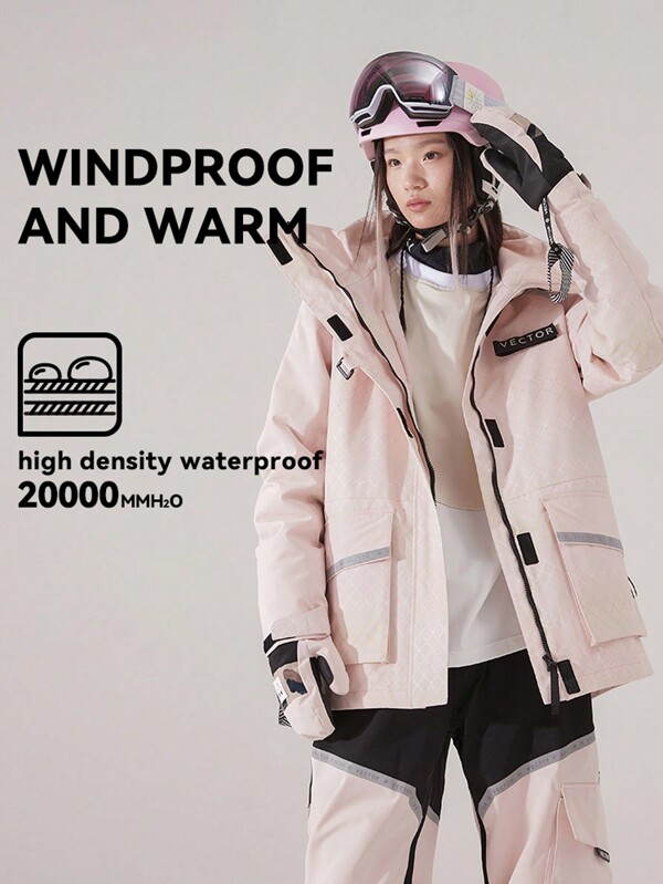 VECTOR MOTION Contrast Color Ski Jacket, Unisex Design, Padded, Windproof, Waterproof, Warm, Abrasion Resistant, Breathable, Elastic, Lightweight Fleece, For Single And Double Board Skiing