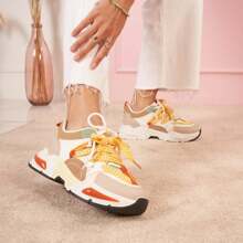 Women's Casual Colorful Sneakers With Thick Soles - Beige - View 2