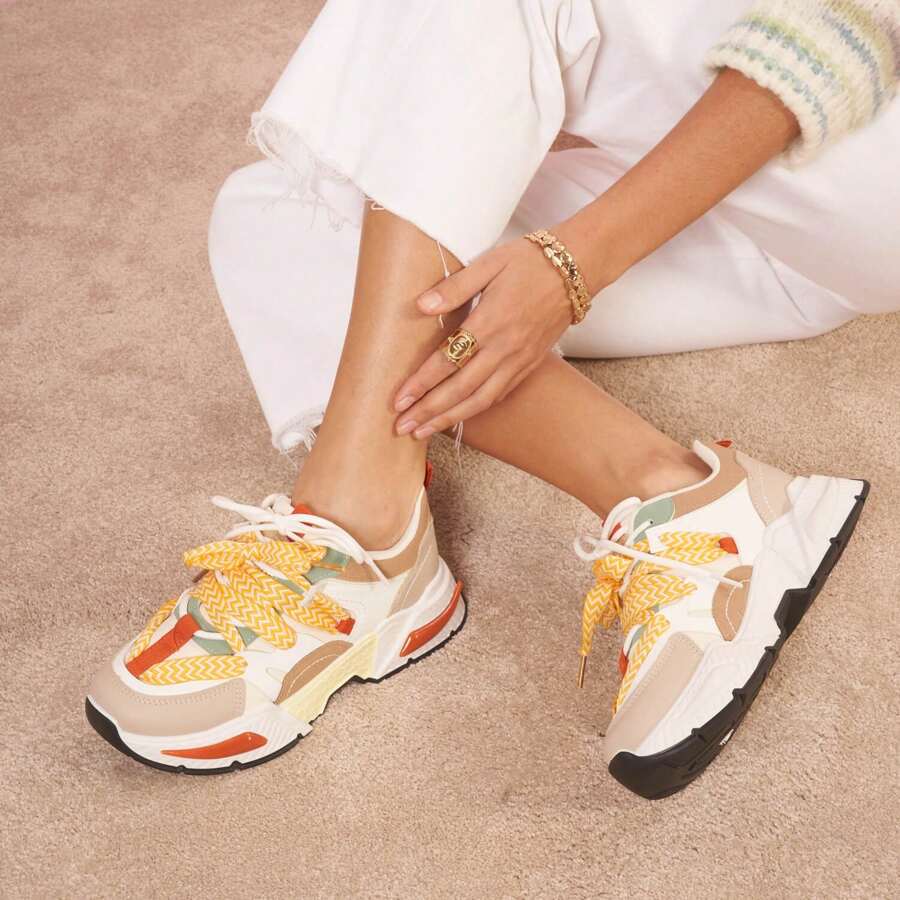 Women's Casual Colorful Sneakers With Thick Soles - Beige - View 1