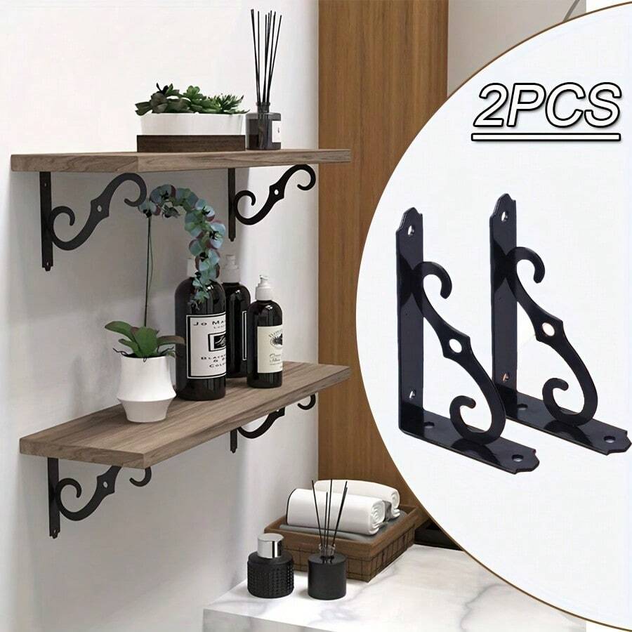 2 Pcs Triangle Wrought Iron Framed Shelving Brackets, Wall Board Supported Racks, Home Decor Floating Board Storage Brackets, Iron Book Shelf Support, Partition Shelf Bracket, Wood Board Storage Wall Mount - Multicolor - View 1