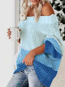 Women's Loose Sexy Cold-Shoulder Over Size Sweater, Casual Ribbed Knit Contrast Color Pullover, One Shoulder Long Sleeve Off Shoulder Top Fall/Winter - Multicolor - View 5