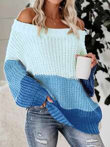 Women's Loose Sexy Cold-Shoulder Over Size Sweater, Casual Ribbed Knit Contrast Color Pullover, One Shoulder Long Sleeve Off Shoulder Top Fall/Winter - Multicolor - View 4
