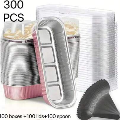 300 piezas Molde pequeño de barra (con tapa y cuchara), rosa dorado, negro dorado, 6.8 onzas, bandeja de hornear rectangular de papel de aluminio