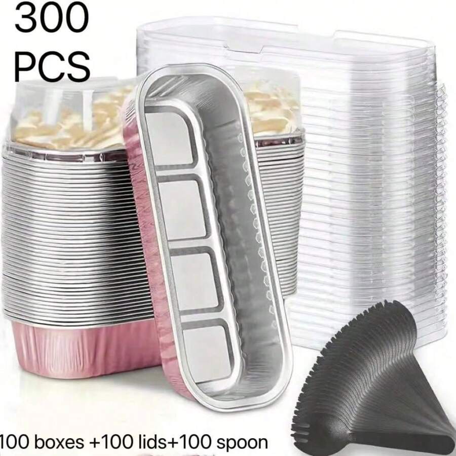 300PCS Mini Loaf Pan (With Lid And Spoon), Pink Gold Black Gold, 6.8 Ounces, Rectangular Foil Baking Pan - 彩色 - 查看 1