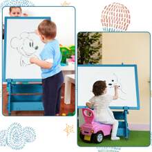Kids' Standing Art Easel Dry-Erase Board Double Sided Chalkboard Navy - Navy Blue - View 3