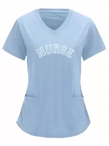 Nurse Letter Print V-Neck Scrub Top, Blue Breathable Uniform - Blue - View 1